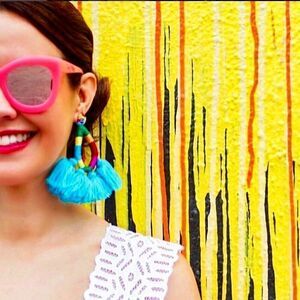 NWT Mochi Hallu Summer Drop Tassel Woven Blue Boho Fringe Crochet Big Earrings